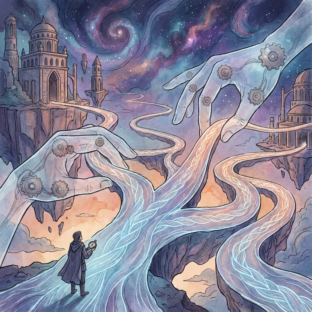 A lone figure faces branching glowing paths manipulated by large ethereal hands with gears.