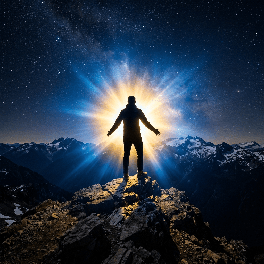 Silhouetted person standing on rocky mountain with radiant light and starry sky