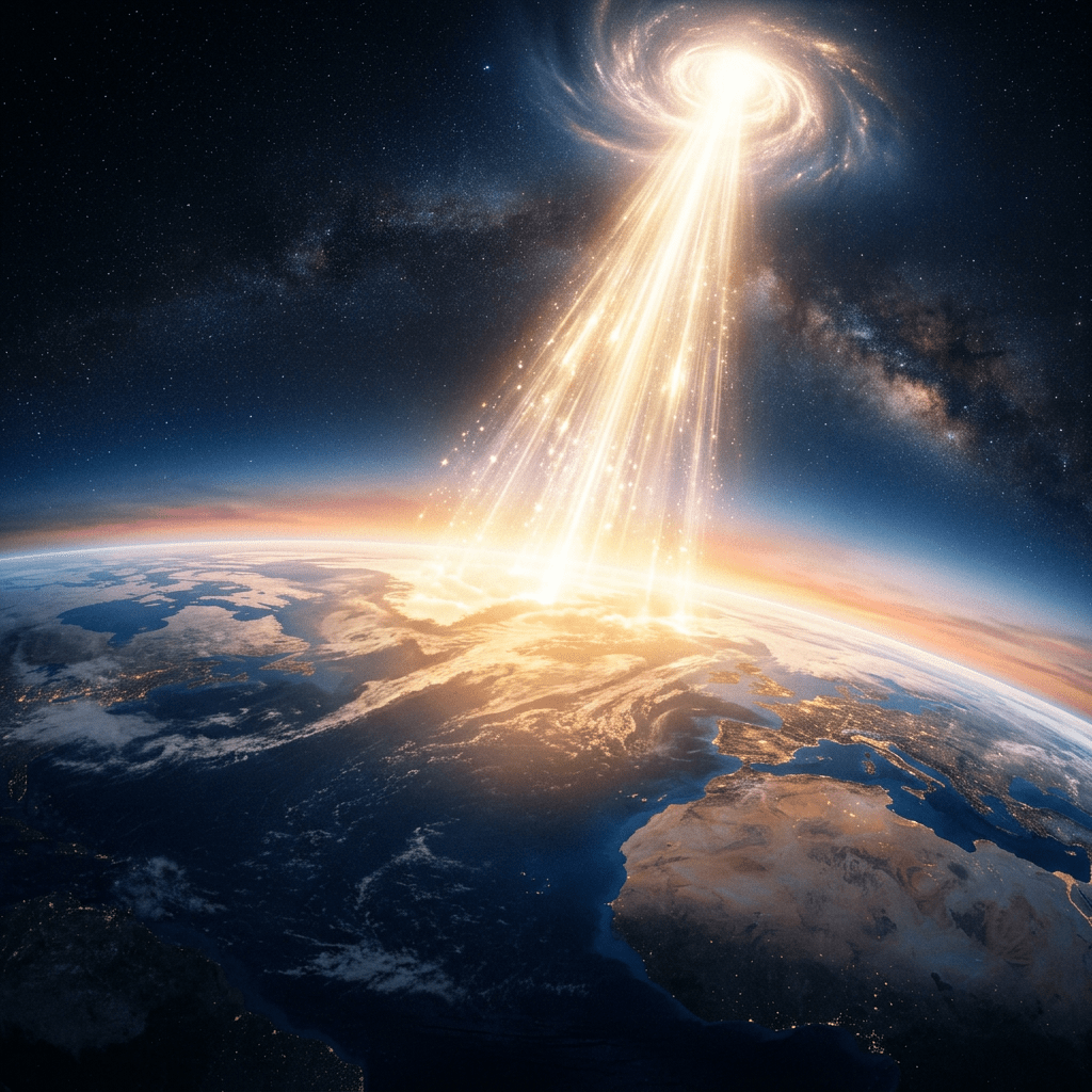 Bright cosmic energy beam descending from space to Earth over Europe and Africa
