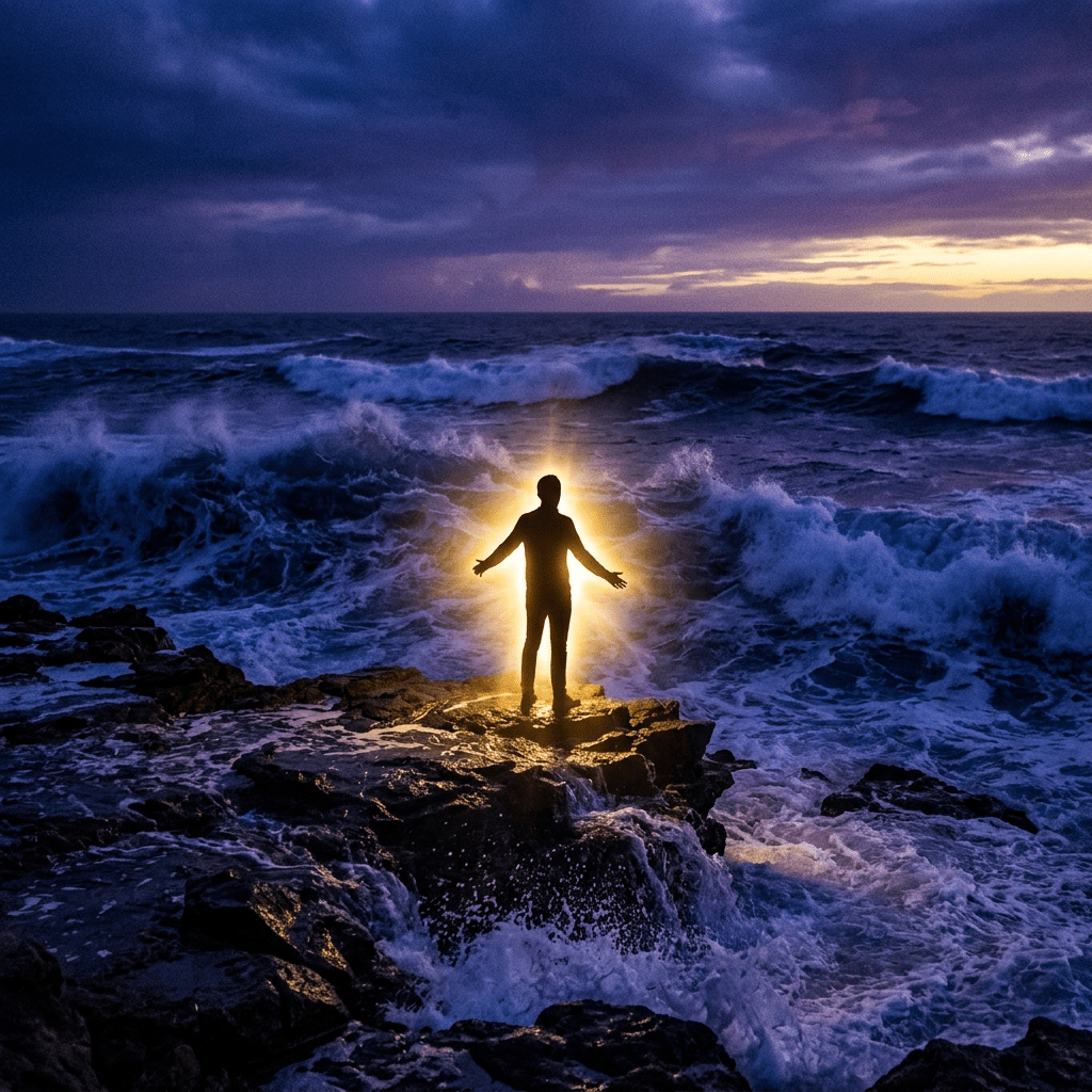 Silhouette of a person glowing with bright light standing on rocky shore with rough ocean waves at dusk