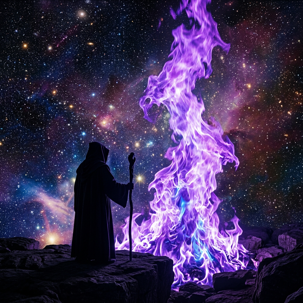 Cloaked figure holding staff beside large purple flames against a colorful star-filled night sky