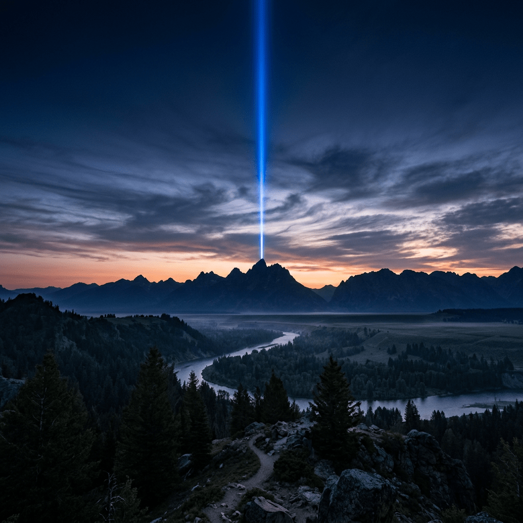 Mountain range at dusk with a bright blue beam of light shining upward