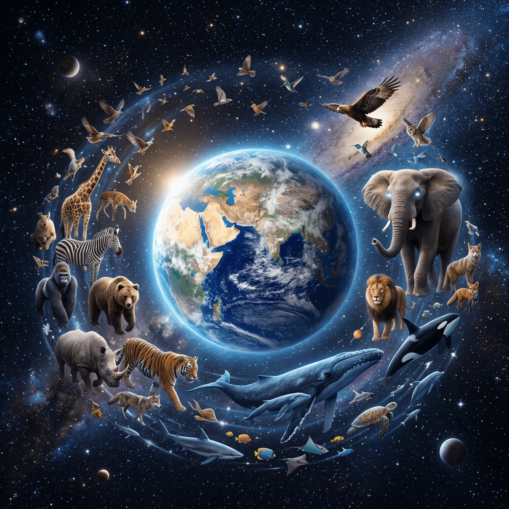 Earth surrounded by diverse animals including tiger, elephant, whale, lion, birds, and fish in space