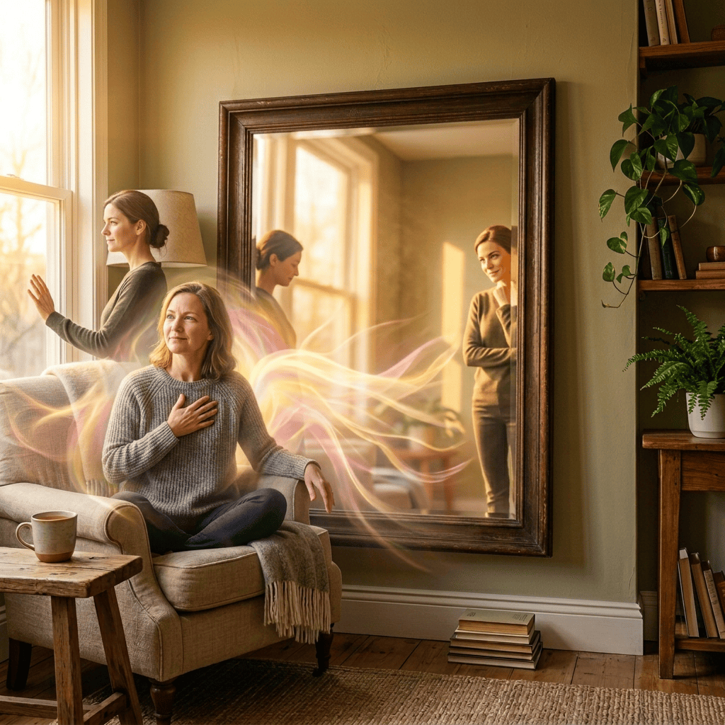 Woman sitting cross-legged on armchair meditating with eyes closed