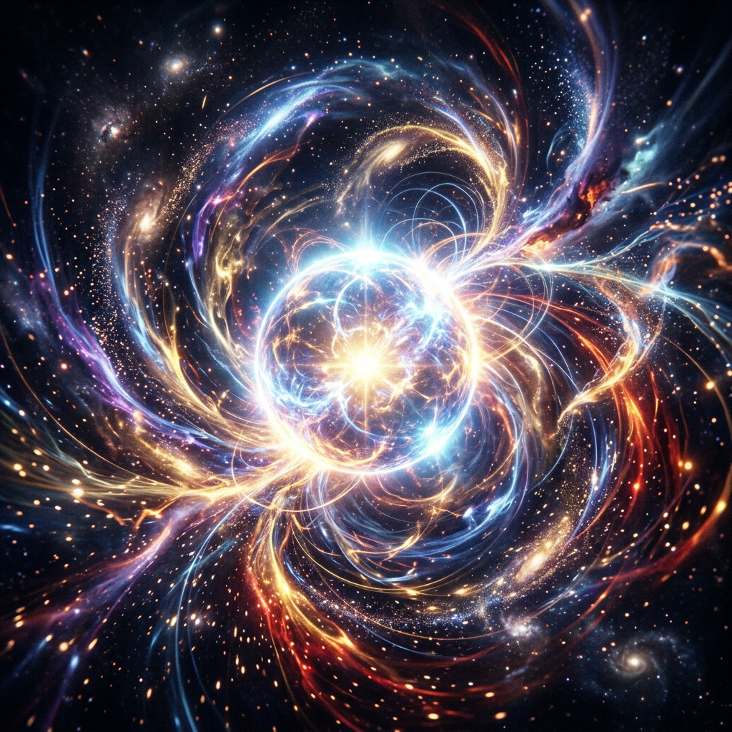 Abstract cosmic vortex with luminous blue and gold energy streams