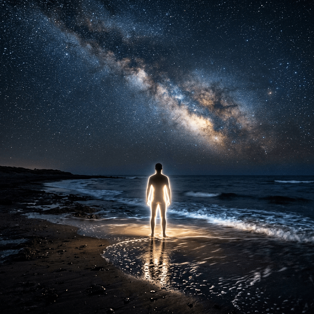Glowing human silhouette standing in ocean waves beneath the Milky Way