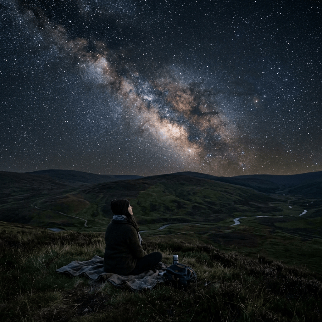 Person sitting on a blanket beneath the Milky Way over rolling hills